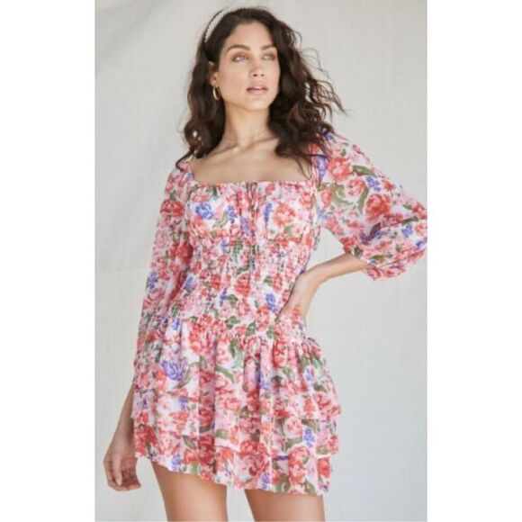 Forever 21 Bohemian Pink Floral Off Shoulder Smocked Mini Ruffle Dress Sz L - Picture 1 of 10